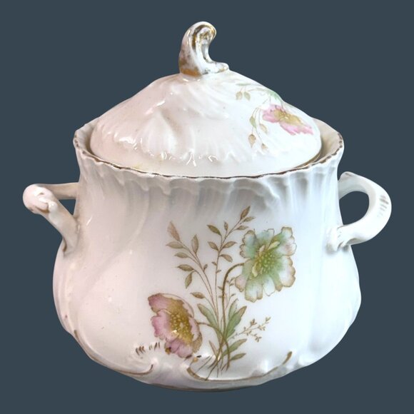 Antique Bavarian China Sugar Bowl Lid Hand Painted Floral Design Made In Germany - Picture 2 of 10